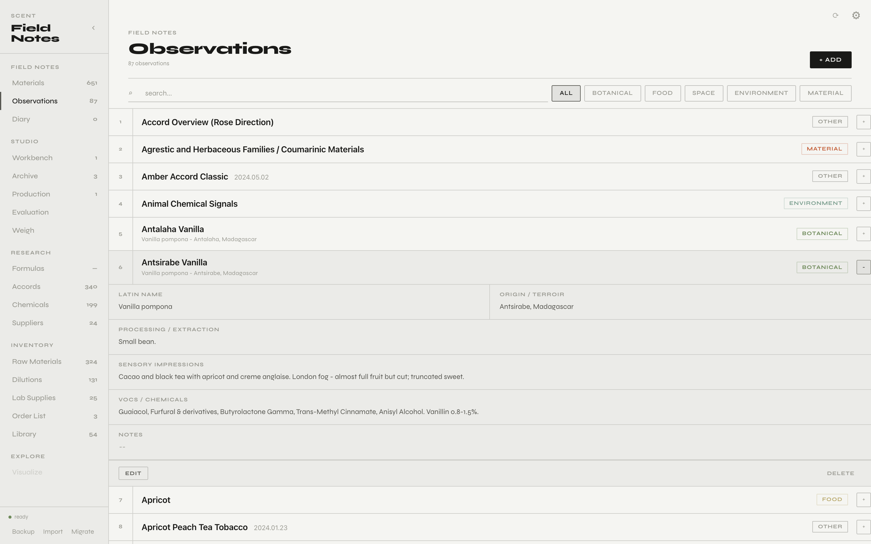 The Field Notes app: a sidebar of sections on the left, and the Observations list with one entry open, showing its origin, processing, sensory impressions and compounds.