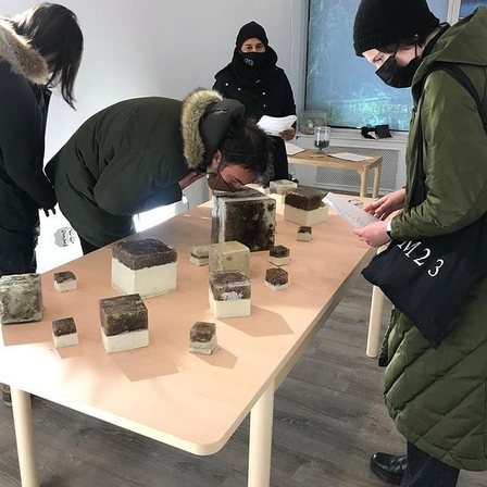Visitors in coats and masks lean over a long table of scented wax and mycelium blocks.