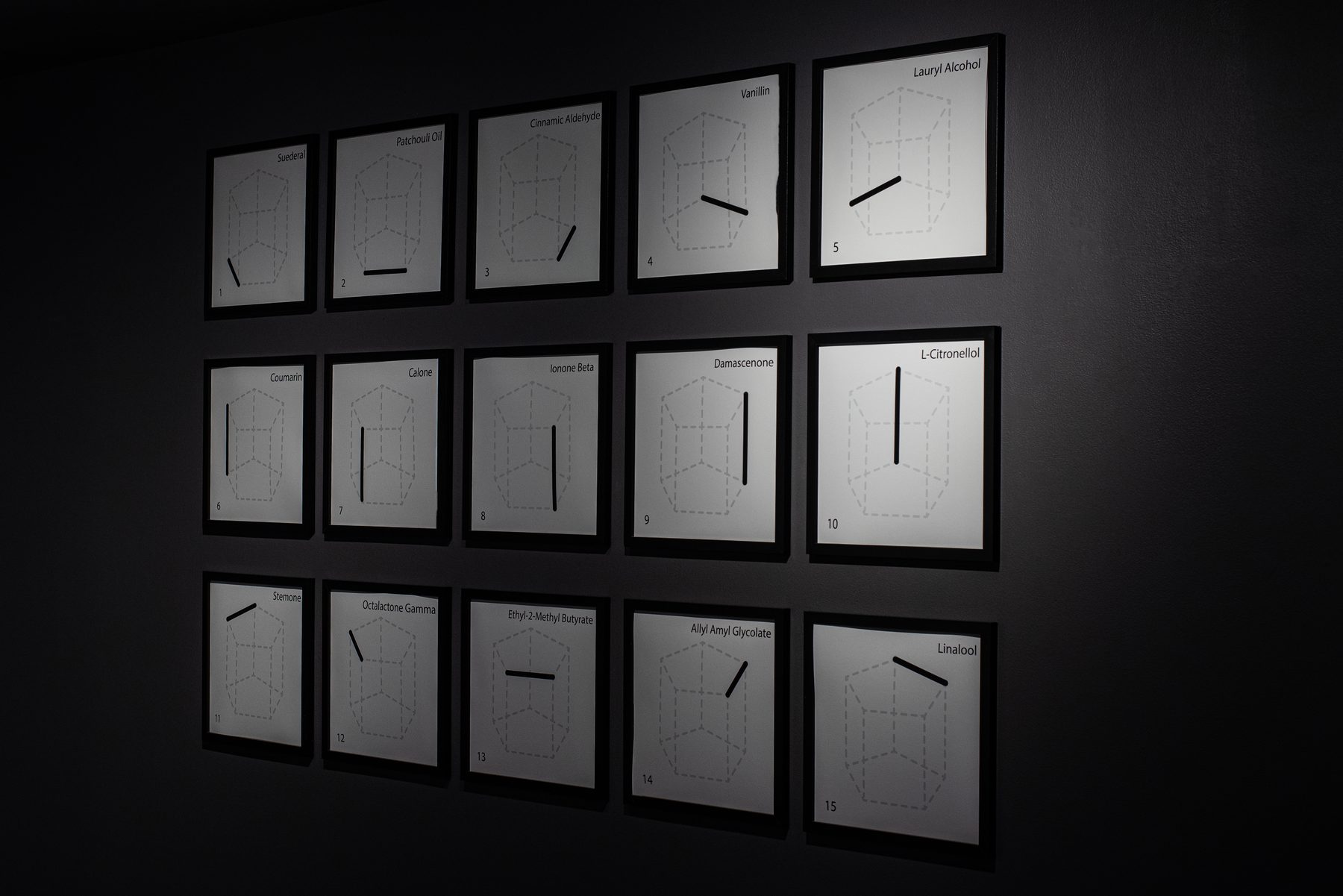 Fifteen framed notation prints on a dark wall, one per material, each with a single highlighted edge of the prism.
