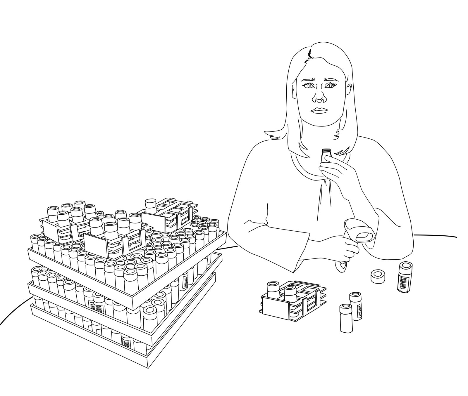 Early line drawing: a person at a table with racks of odor vials.